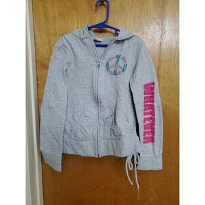 Girl's M gray hooded zip sweatshirt jacket outerwear peace sign